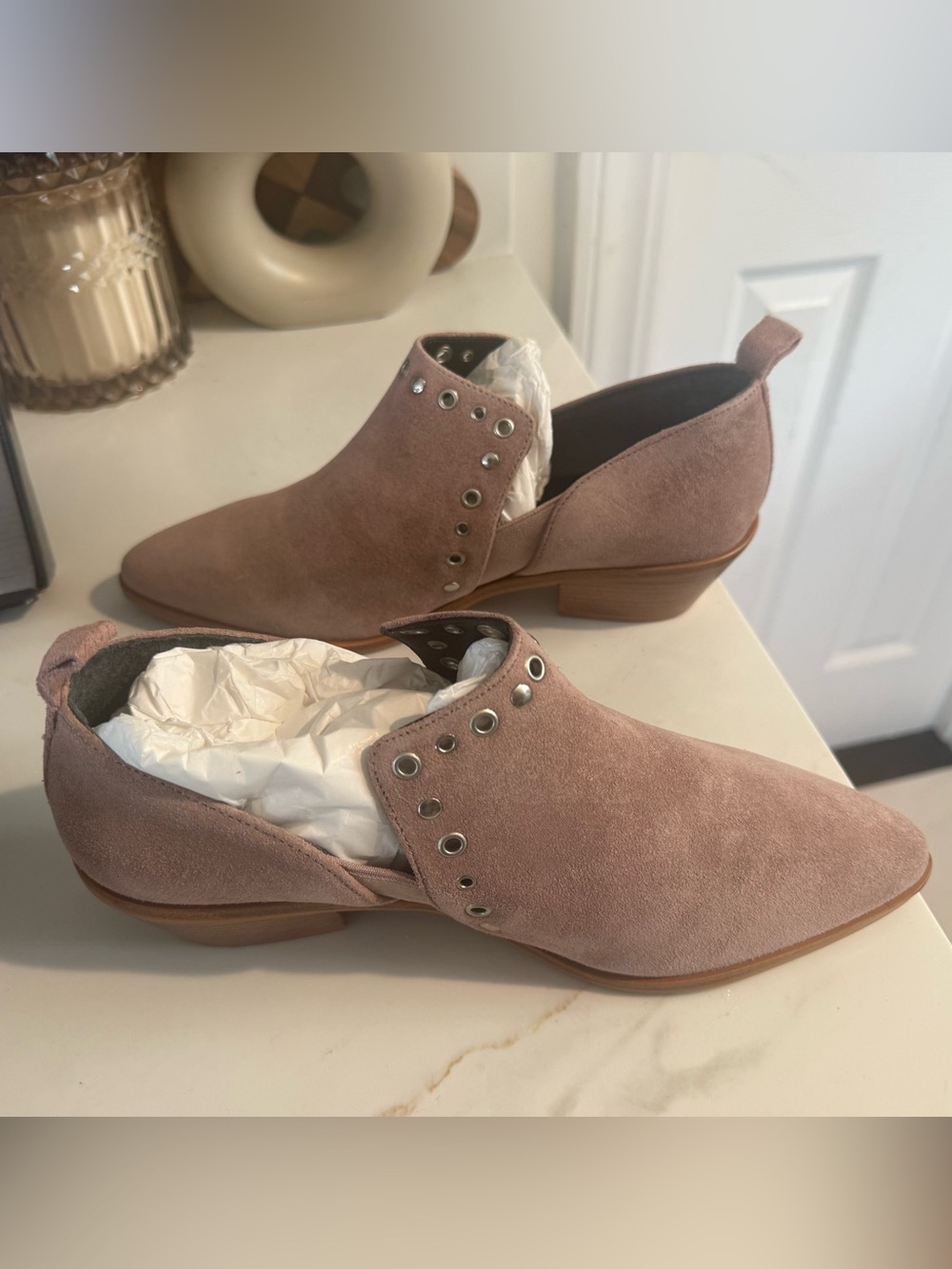 Rebecca Minkoff Annette 9M Blush Suede Eyelet Slip-On Booties